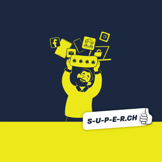 Person mit digitalen Symbolen und einem zu einfachen Passwort für alles. Hinweis auf S-U-P-E-R.ch Kampagne