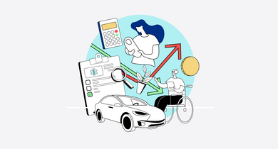 Illustration von Wirtschaftselementen, Auto, Pfeilen und Personen.