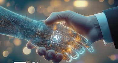 Handschlag zwischen Mensch und digitalem Arm mit 'AI'.