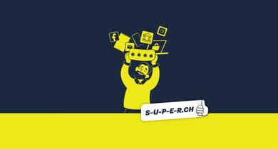 Person mit digitalen Symbolen und einem zu einfachen Passwort für alles. Hinweis auf S-U-P-E-R.ch Kampagne