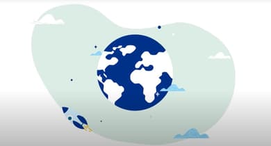 Weltkugel von Rakete umflogen