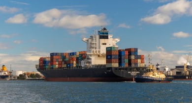 Containerschiff im Hafen mit Frachtcontainern und Schlepperboot.