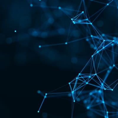 Abstrakte blaue Netzstruktur mit Punkten und Linien.