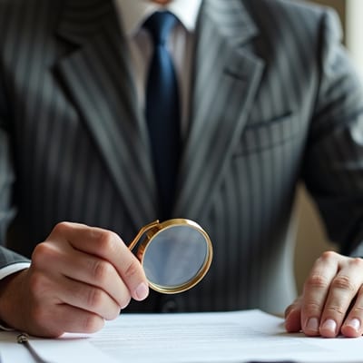 Ein Mann prüft mit einer Lupe ein Dokument