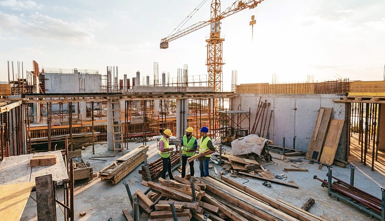 Baustelle mit Kran und Bauarbeitern