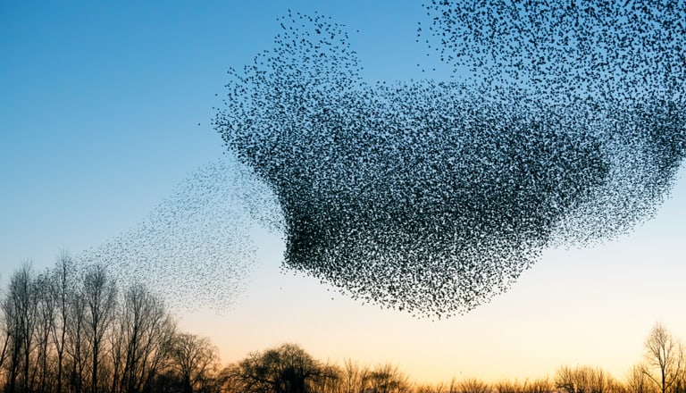 Schwarm von Vögeln am Abendhimmel über Bäumen.