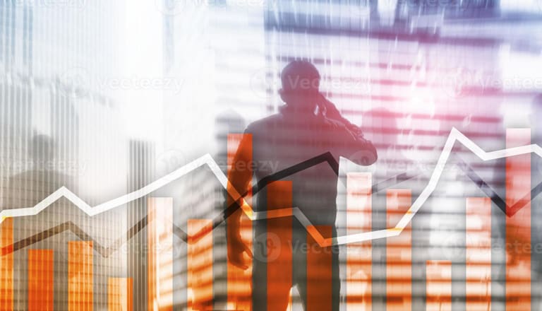 Grafiken von Finanzdiagrammen mit Silhouetten von Personen.
