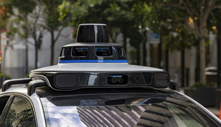 Fahrzeug mit Lidar-Sensor auf dem Dach in der Stadt.