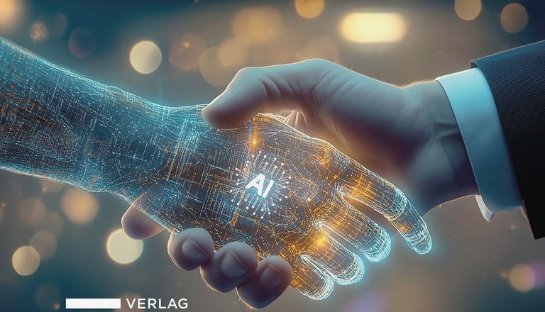Handschlag zwischen Mensch und digitalem Arm mit 'AI'.