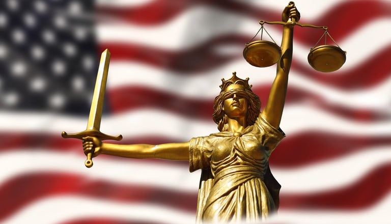 Die amerikanische Flagge mit der Figur der Justita, stellvertretend für US-Risiken, über die Referierende an der Fachtagung sprechen werden