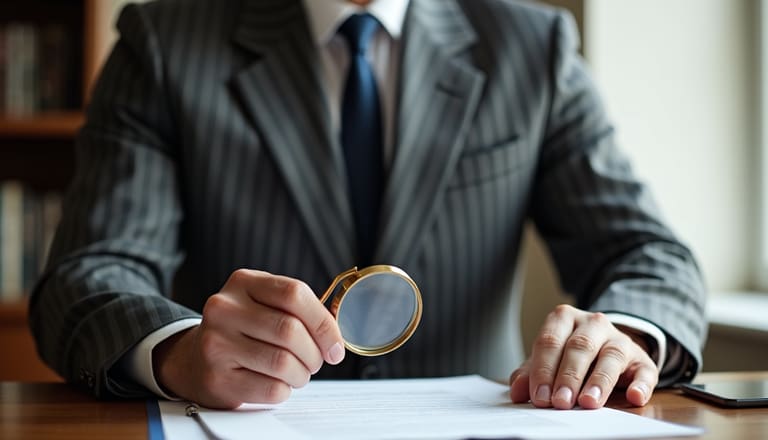 Ein Mann prüft mit einer Lupe ein Dokument