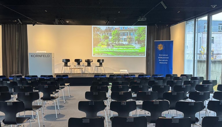 Konferenzraum mit Stuhlreihe und Präsentationsbildschirm.