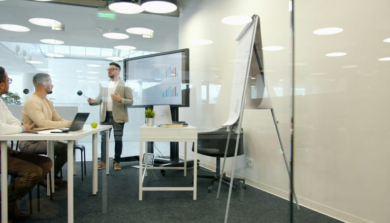 Person steht vor einem Bildschirm und präsentiert in einem Büro.