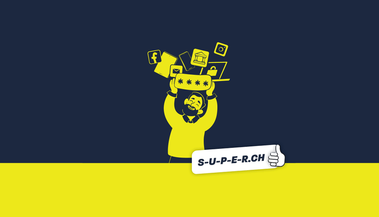 Person mit digitalen Symbolen und einem zu einfachen Passwort für alles. Hinweis auf S-U-P-E-R.ch Kampagne