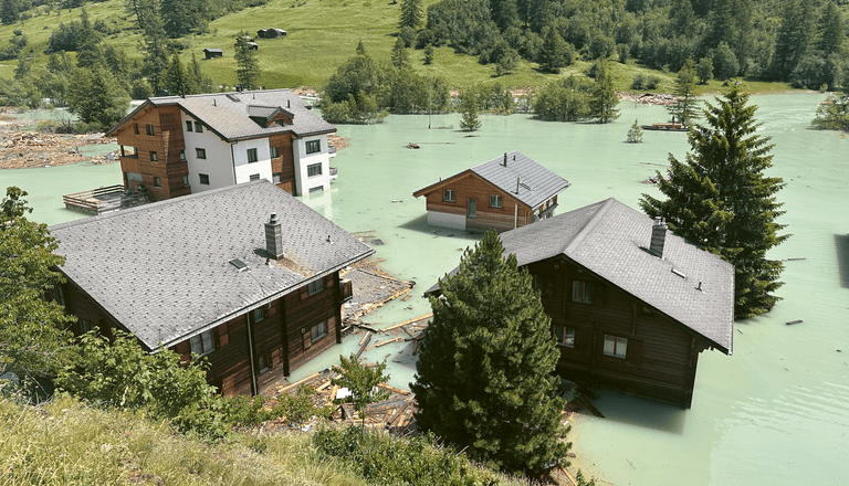 Überflutete Holzhäuser in einer grünen Berglandschaft.