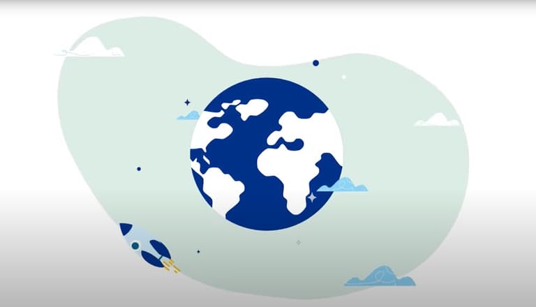 Weltkugel von Rakete umflogen