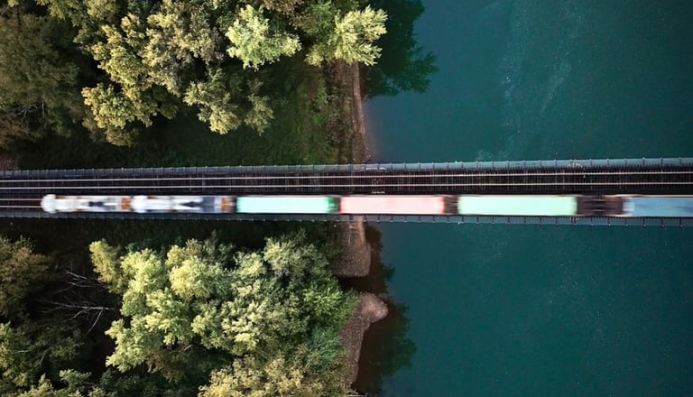 Zug fährt über Brücke mit Bäumen und Fluss darunter, Luftansicht.