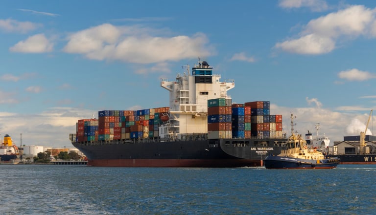 Containerschiff im Hafen mit Frachtcontainern und Schlepperboot.