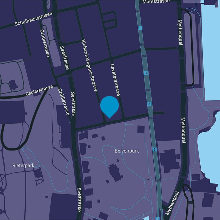 Stadtkarte mit blauer Markierung in einem Parkbereich.