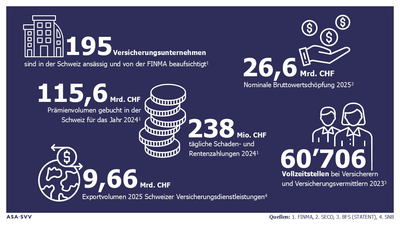 Grafik mit Finanzstatistiken und Symbolen zur Versicherungswirtschaft.