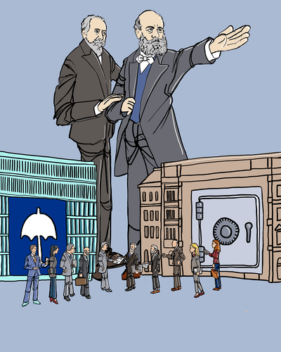 Illustration: Visionär: Moritz Grossmann und Alfred Escher legen 1863 den Grundstein für Swiss Re.